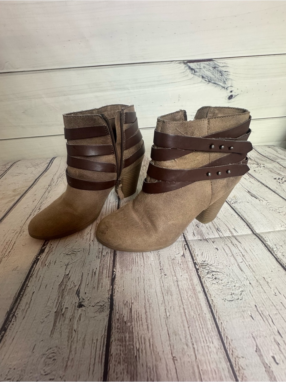 Material Girl Tan Suede Ankle Booties with Brown Strap Accents